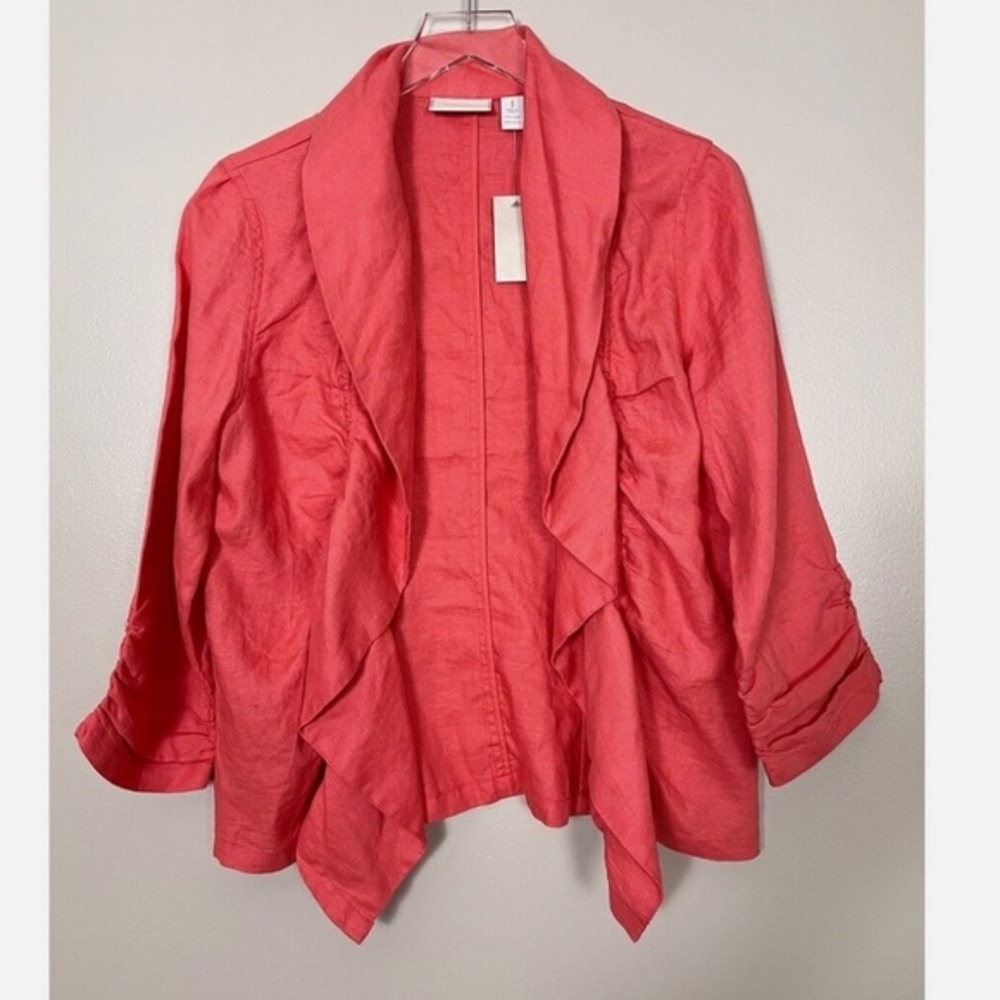 Chicos 100% Linen Ruched Coral Pink Open Cardigan‎ Size Large Casual Lightweight